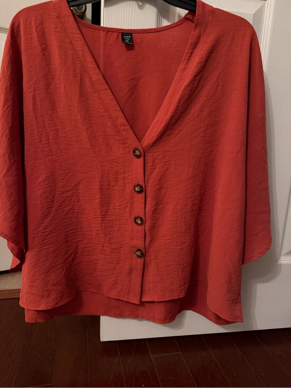 Windowpane Red Button-Front V-Neck Women's Top